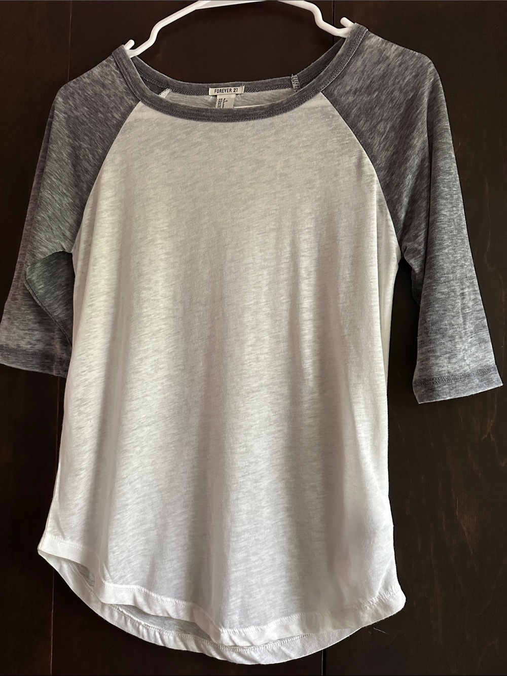 Forever 21 White Body with Charcoal Raglan Sleeve Baseball Tee - Picture 4 of 7